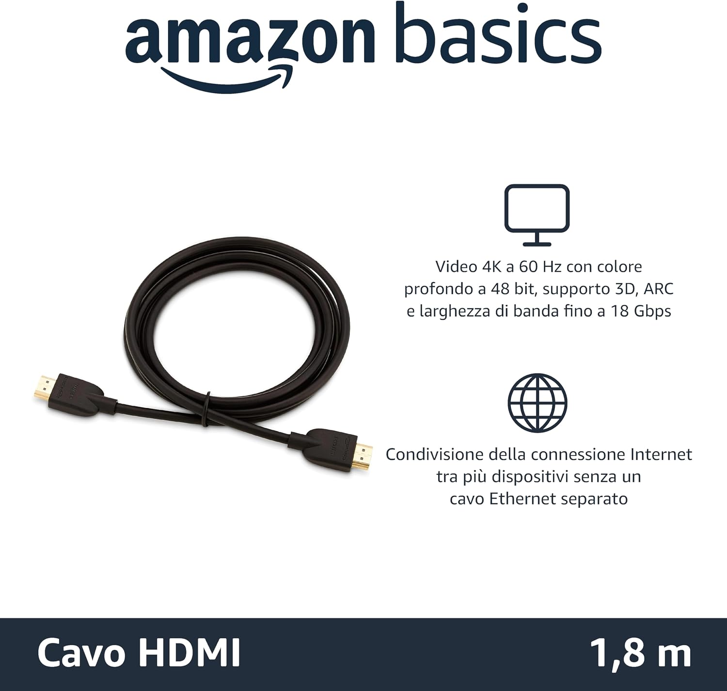 Thumbnail 1 de Amazon Basics Cavo HDMI 4K 1,8 m alta velocità con Ethernet fino a 18 Gbps (4K@60 Hz) nero