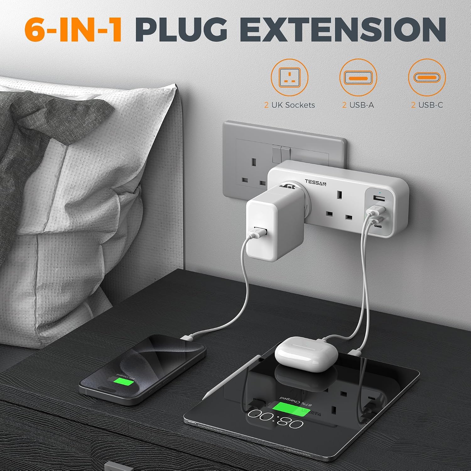 Detalle 2 de TESSAN 2 Way 6-in-1 Multi Plug Extension Socket with 4 USB (2 USB-C) – UK 13A Adaptor