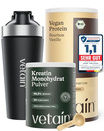 VETAIN Starter Set: Veganes Proteinpulver Vanille (540 g) + Kreatin Monohydrat (250 g) + Edelstahl-Shaker