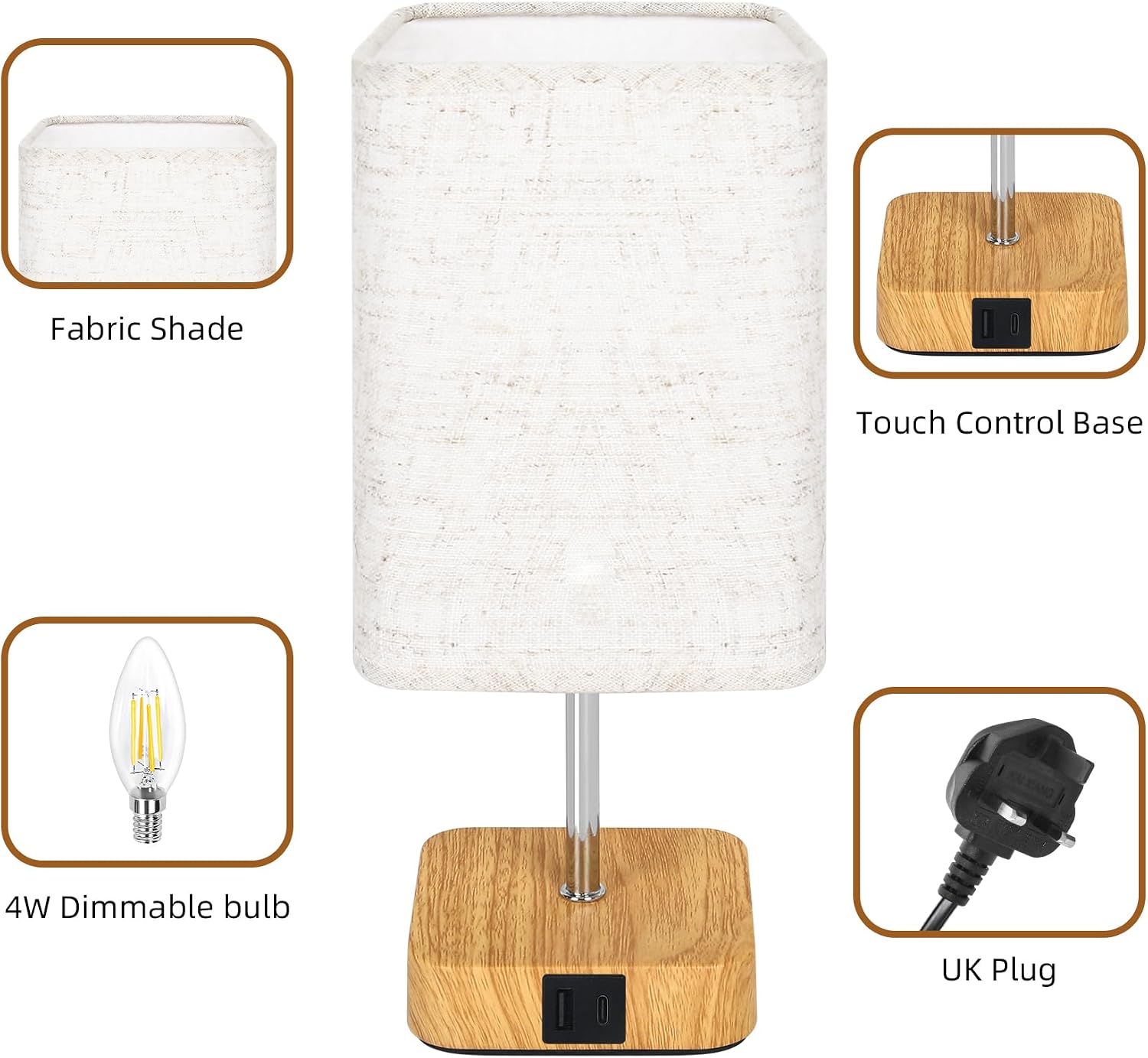 Detalle de Touch Bedside Table Lamp with Dimmable Touch Control and USB Ports (Beige Linen Shade, Wood Base)
