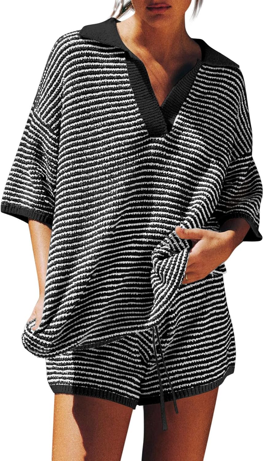 Detalle de Tankaneo Women’s 2-Piece Sweater Set with Oversized V-Neck Knit Top and Drawstring Shorts