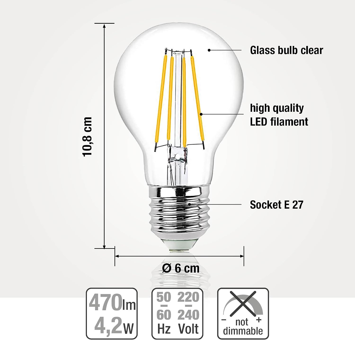 Detalle de Hellum 2060104 żarówka LED E27 A60, 470 lm, 2700 K, przezroczyste szkło