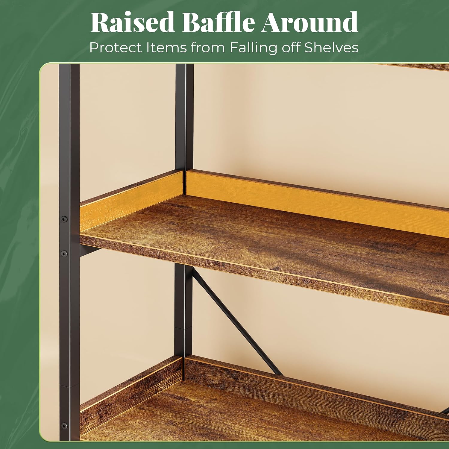 Detalle de Huuger 5-Tier Bookshelf with 10 Open Shelves, Raised Edges, Rustic Brown