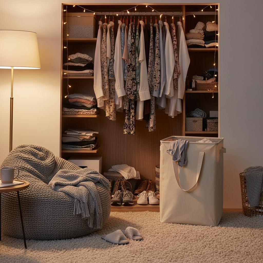 Detalle de efluky LH123 Slim Laundry Basket, 90L Collapsible Beige Oxford Hamper