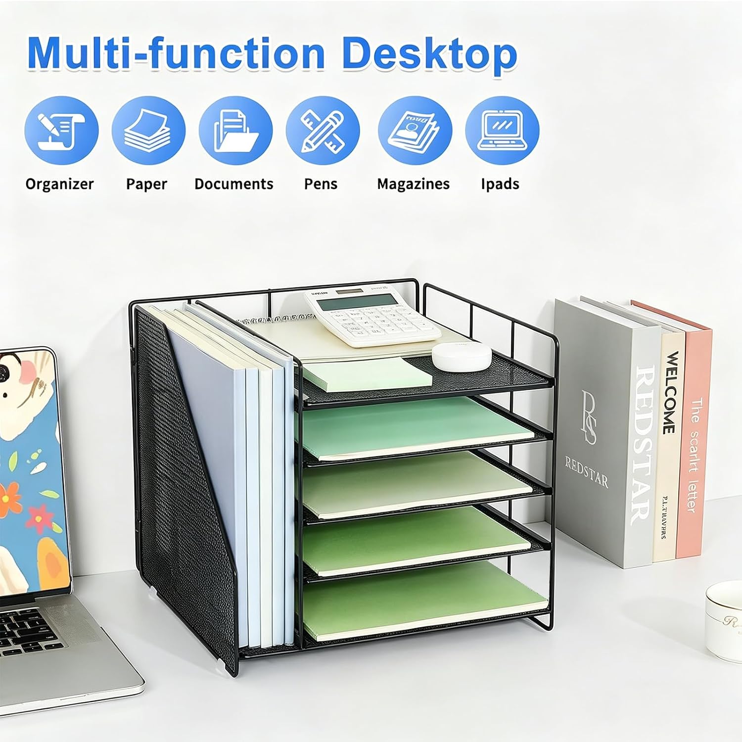 Detalle de Pygocereri 5-Tier Desk Organiser with File Holder (Black) – Paper tray and magazine rack