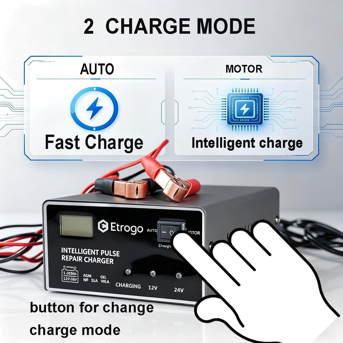 Thumbnail 2 de Etrogo Intelligentes 12/24V Autobatterieladegerät 15A – 5-Stufen-Pulslader mit LED-Balkenanzeige