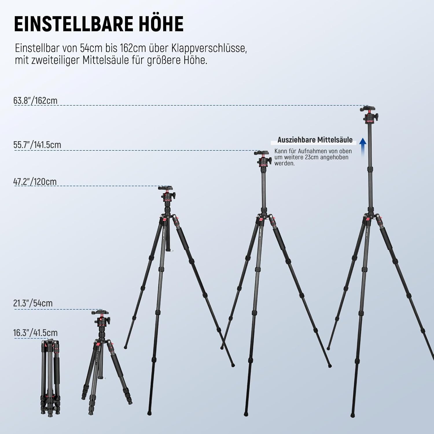Detalle de NEEWER Basics Carbonfaser Reisestativ Einbeinstativ 64" – kompakt, leicht, kompatibel mit Smartphone und DSLR
