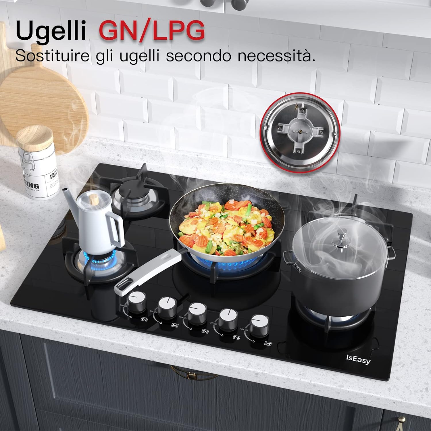 Detalle de Piano Cottura a Gas da Incasso 5 Fuochi 77 cm con Vetro Nero, Protezione Flame-Out