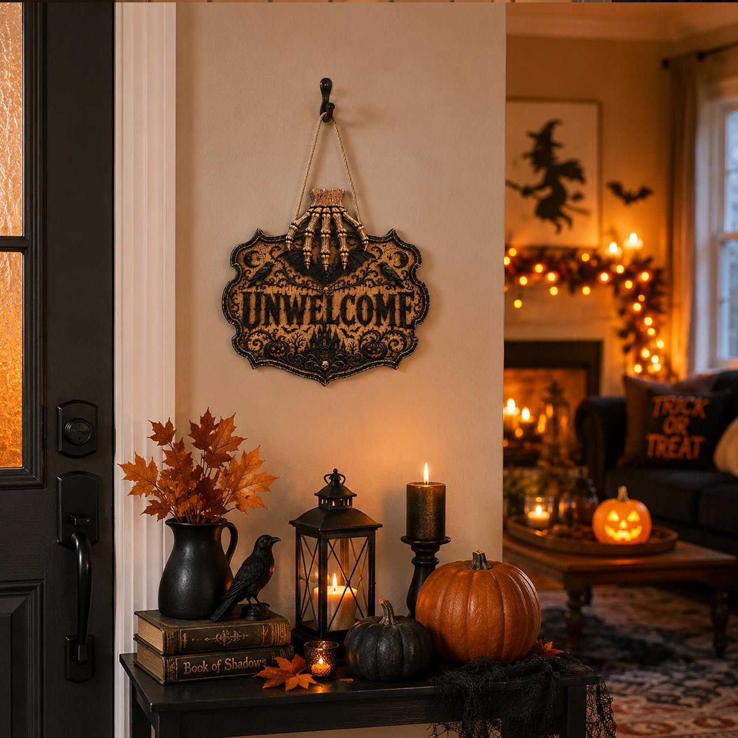 Detalle de OHOME Gothic Halloween Wooden Sign, 2D Printed Black Unwelcome Door Decor