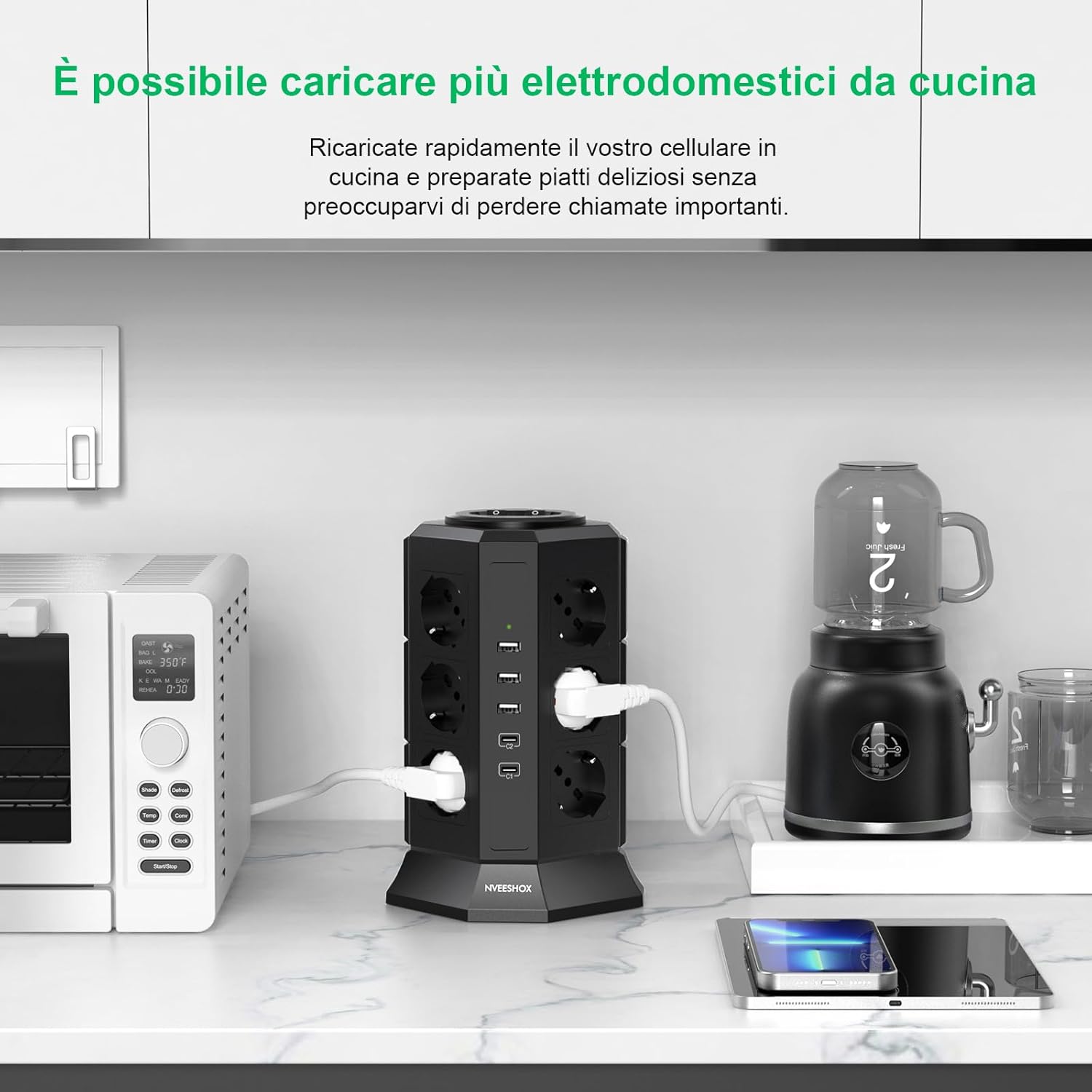 Thumbnail 2 de NVEESHOX ciabatta multipresa verticale con 12 Schuko, 2 USB-C PD 20W e 3 USB-A, cavo 2 m