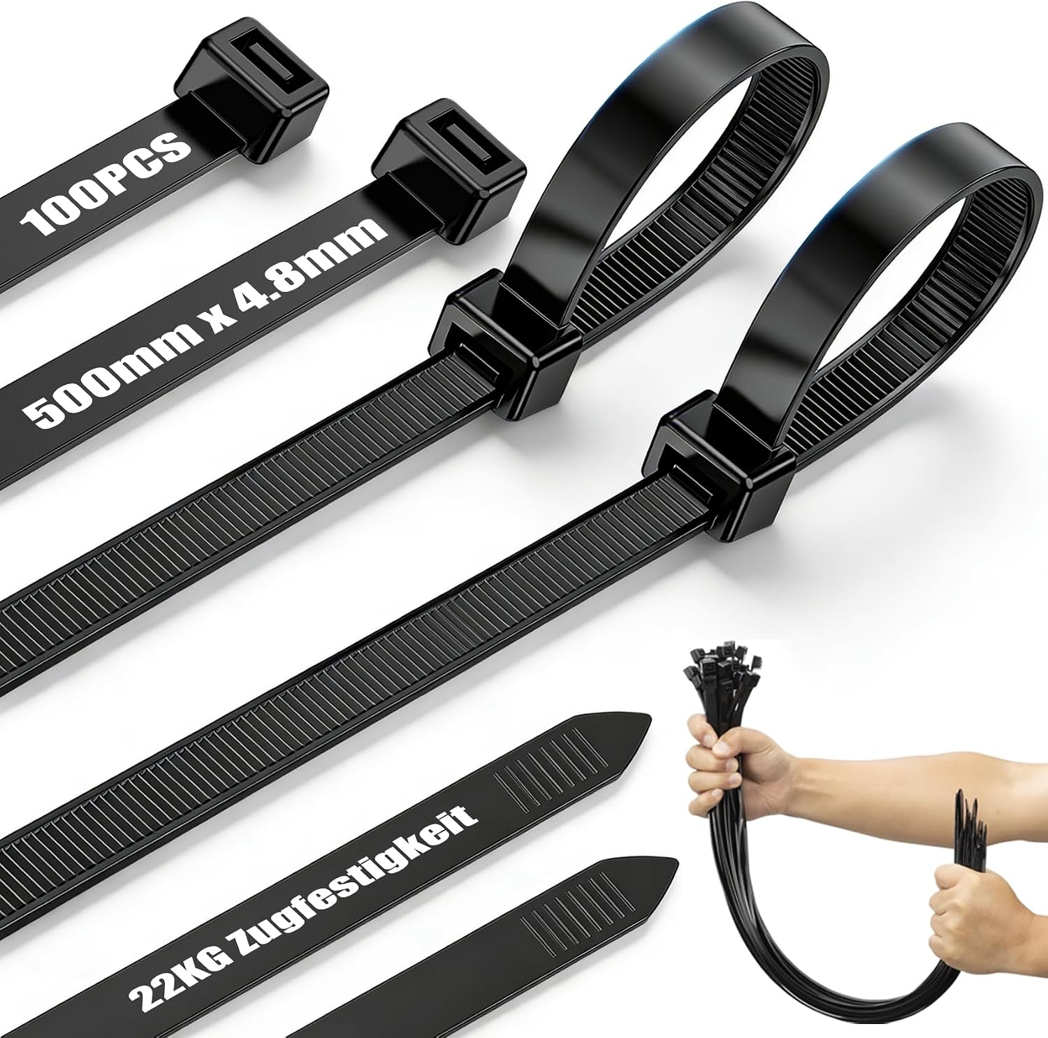 Kabelbinder Lang Schwarz Wiederverschließbar 500 mm x 4,8 mm – 100 Stück, UV-beständig, 22 kg Zugfestigkeit
