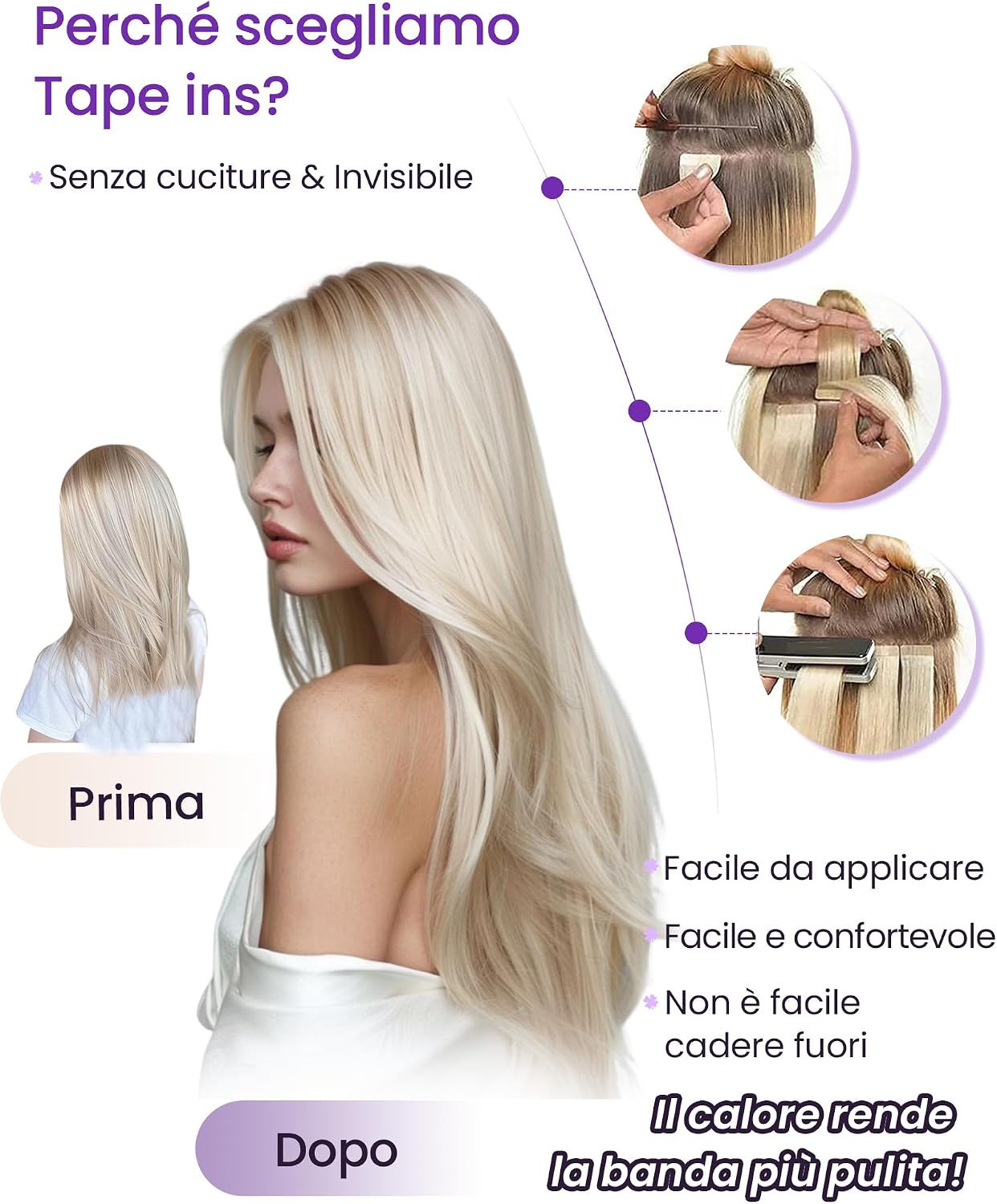 Thumbnail 1 de LaaVoo Extension Capelli Veri Biadesivo 50 cm – 20pz, tonalità Biondo/Chiaro fino Platino