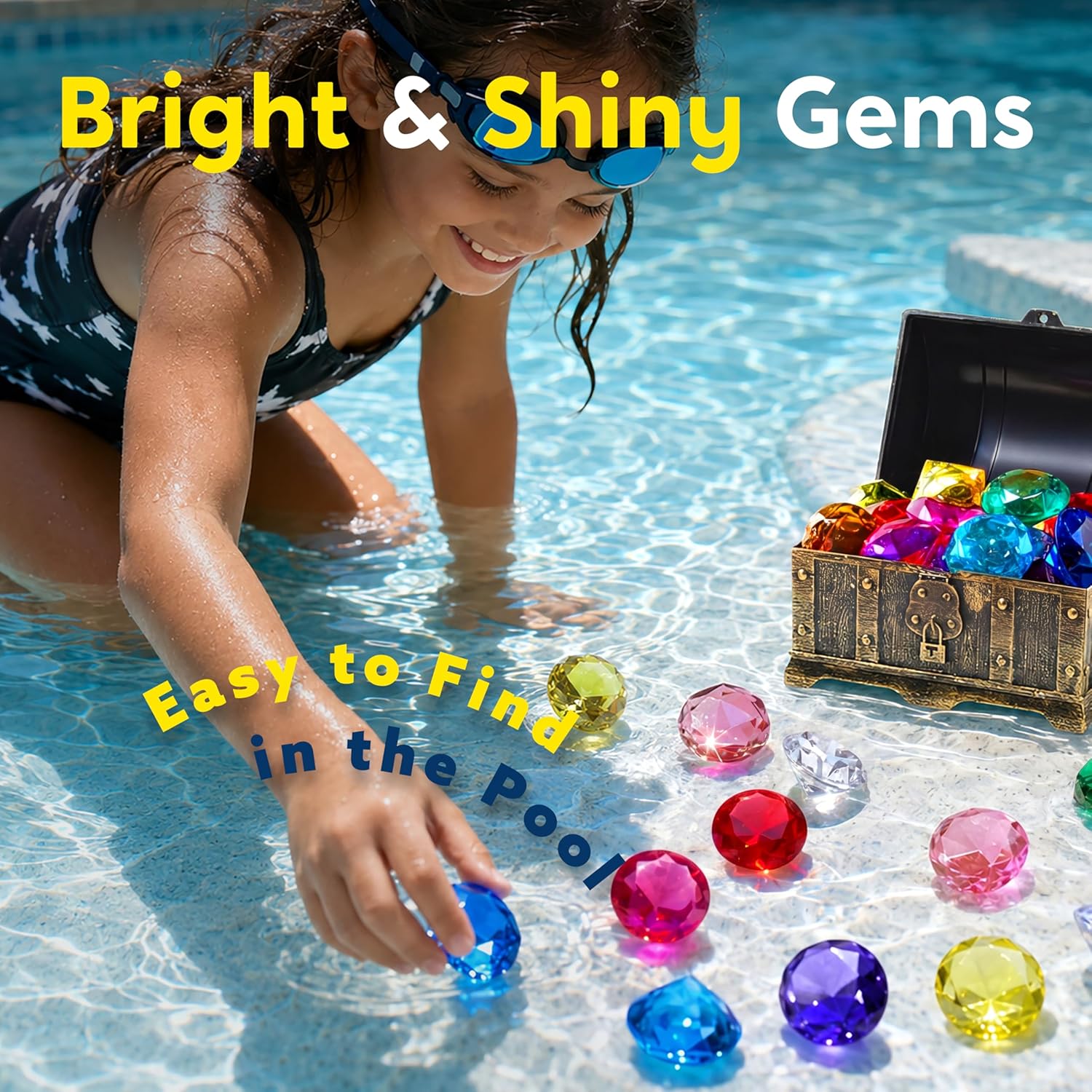 Thumbnail 2 de Sloosh Diving Gems Pool Toys: 16 Big Colorful Diamond Gems with Pirate Treasure Chest (Acrylic Dive & Swim Game)