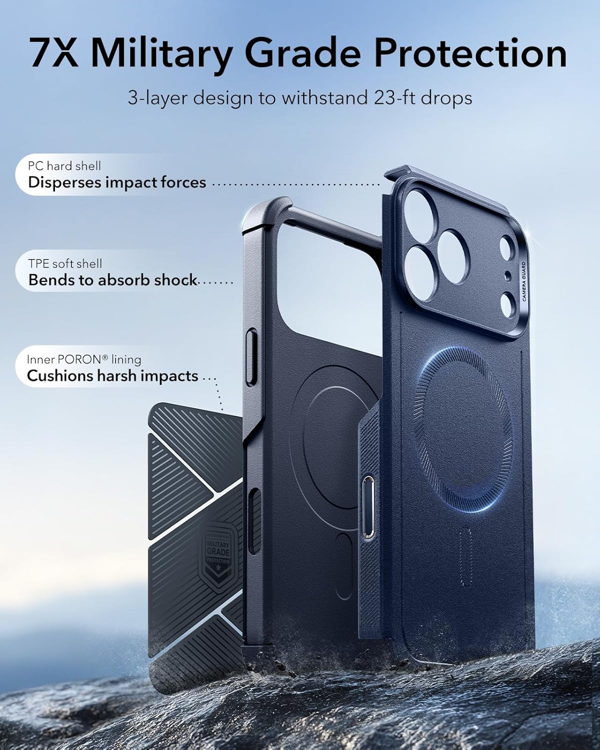 Detalle de ESR Cyber Series Case for iPhone 17 Pro – Navy Blue, 23ft Drop Protection with MagSafe