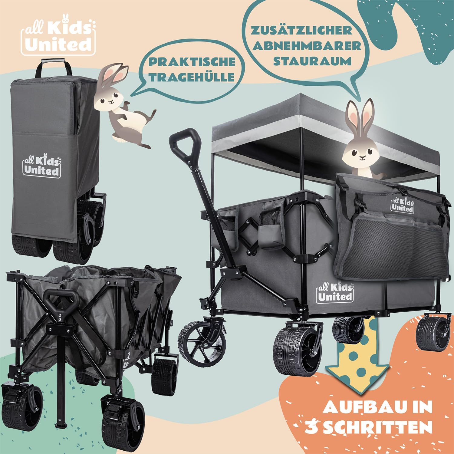 Thumbnail 1 de all Kids United faltbarer Bollerwagen Handwagen Transportkarre (Strand-Buggy) – grau, bis 90 l & 150 kg