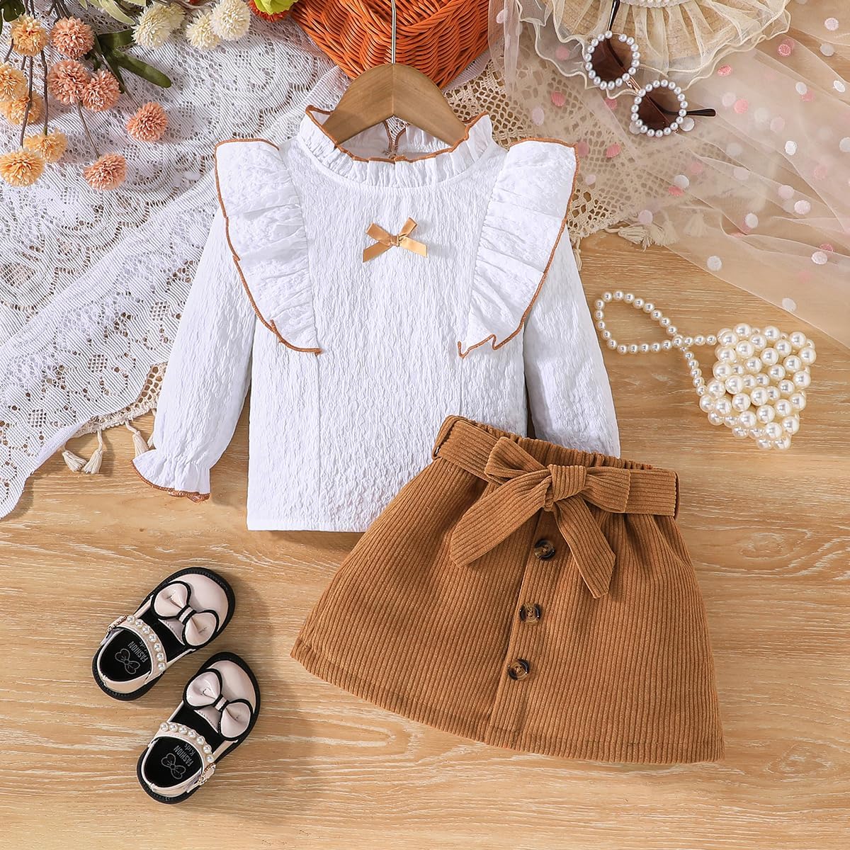 Detalle de QUNERY Toddler Girl Long Sleeve Ruffled Top and Mini Skirt Set