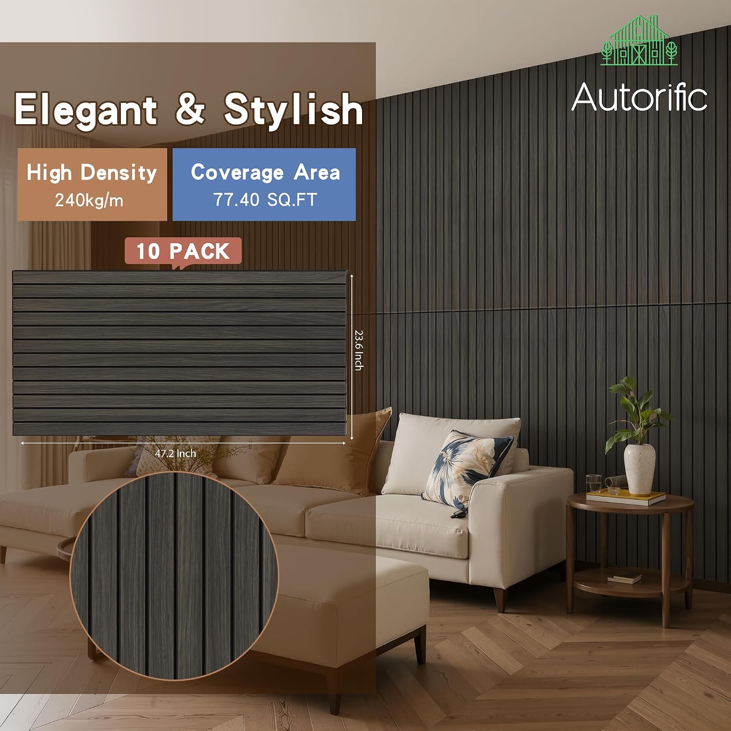 Detalle de AUTORIFIC Rustic Walnut Acoustic Panels, 10-Pack, 47.2 x 23.6 in