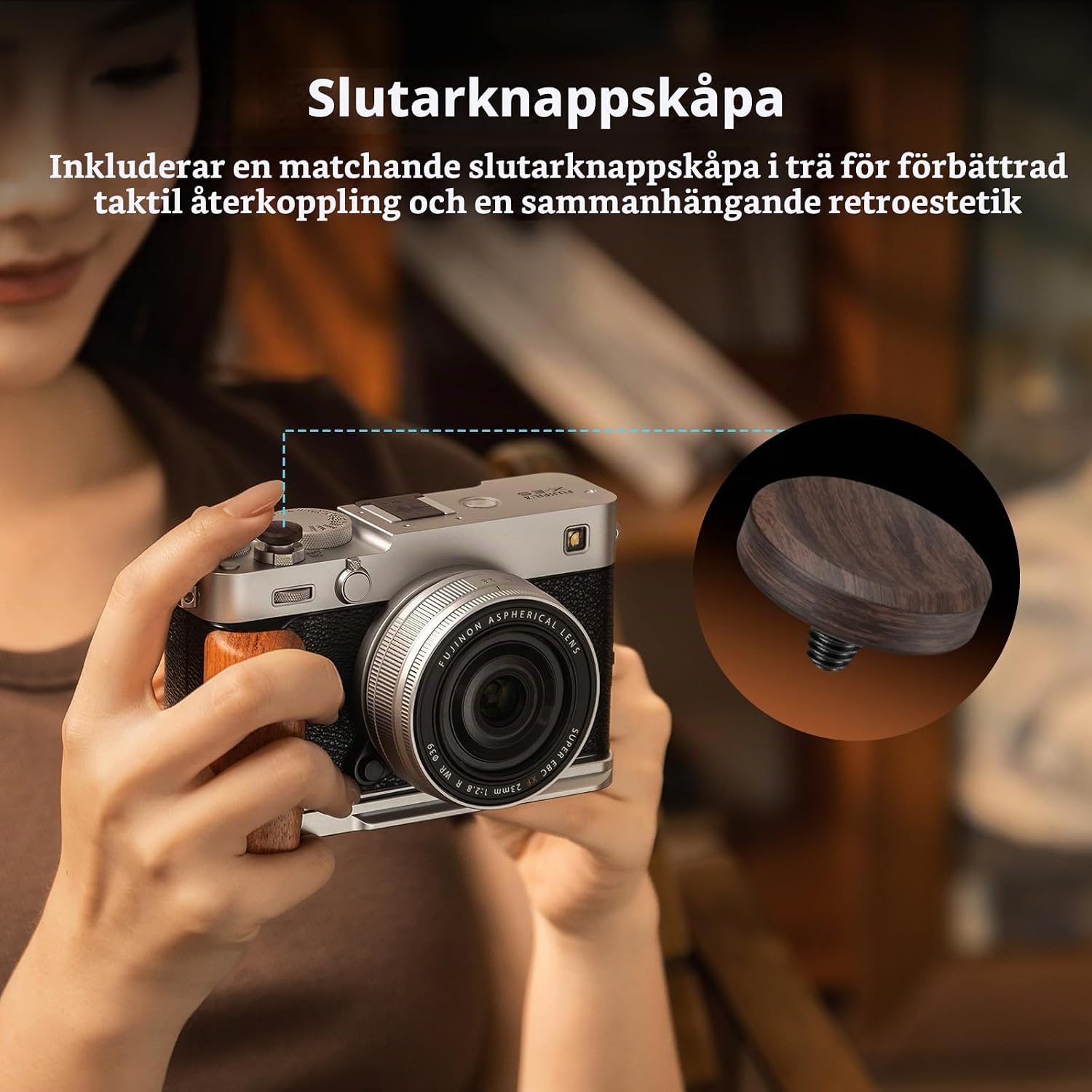Detalle de SMALLRIG 6240 Ebony blixtskoskydd med avtryckarknapp i trä