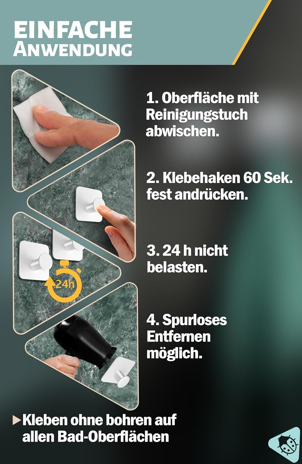 Thumbnail 5 de Menz Handtuchhalter ohne Bohren – 5er-Set selbstklebende Edelstahlhaken für Bad & Dusche