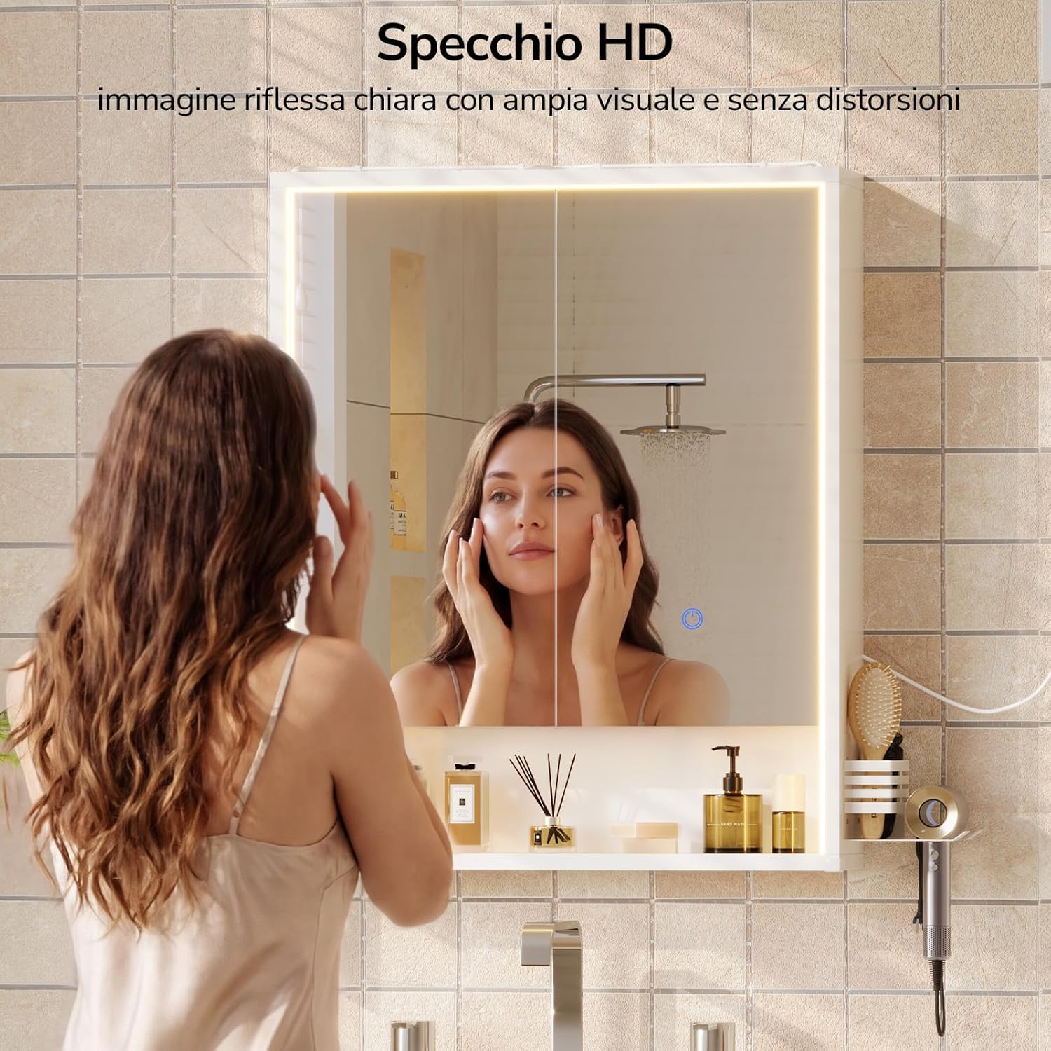 Thumbnail 6 de mojiasion Specchio Bagno Contenitore 60x78x18 cm con Luce LED 3 Lati, Touch, USB e Porta asciugacapelli/Asciugamani