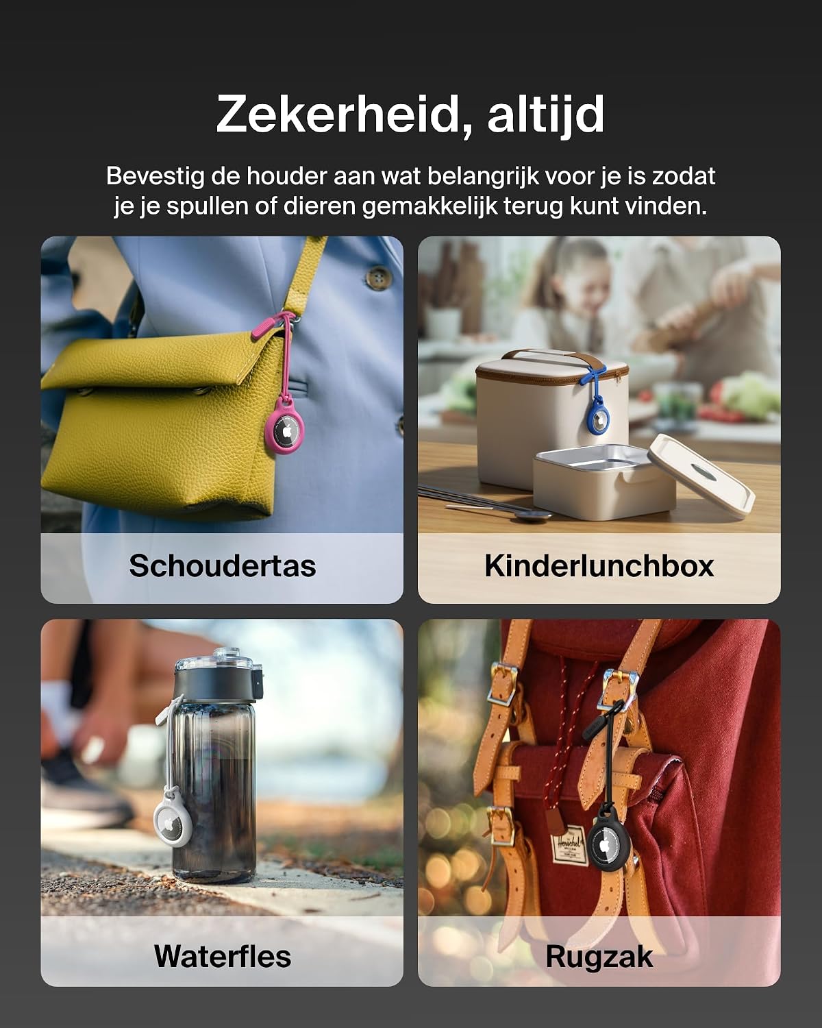 Detalle de Belkin F8W974btBLK AirTag-houder met bandje, zwart kunststof