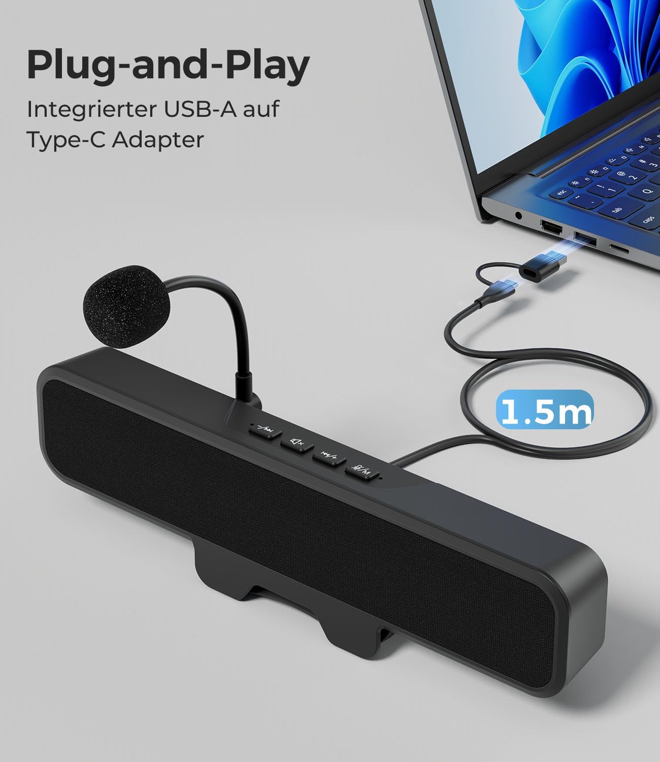 Detalle de Plyee Audio USB-Computerlautsprecher mit abnehmbarem Mikrofon und Monitor-Klemme – Stereo-Sound für PC, PS5 und Switch