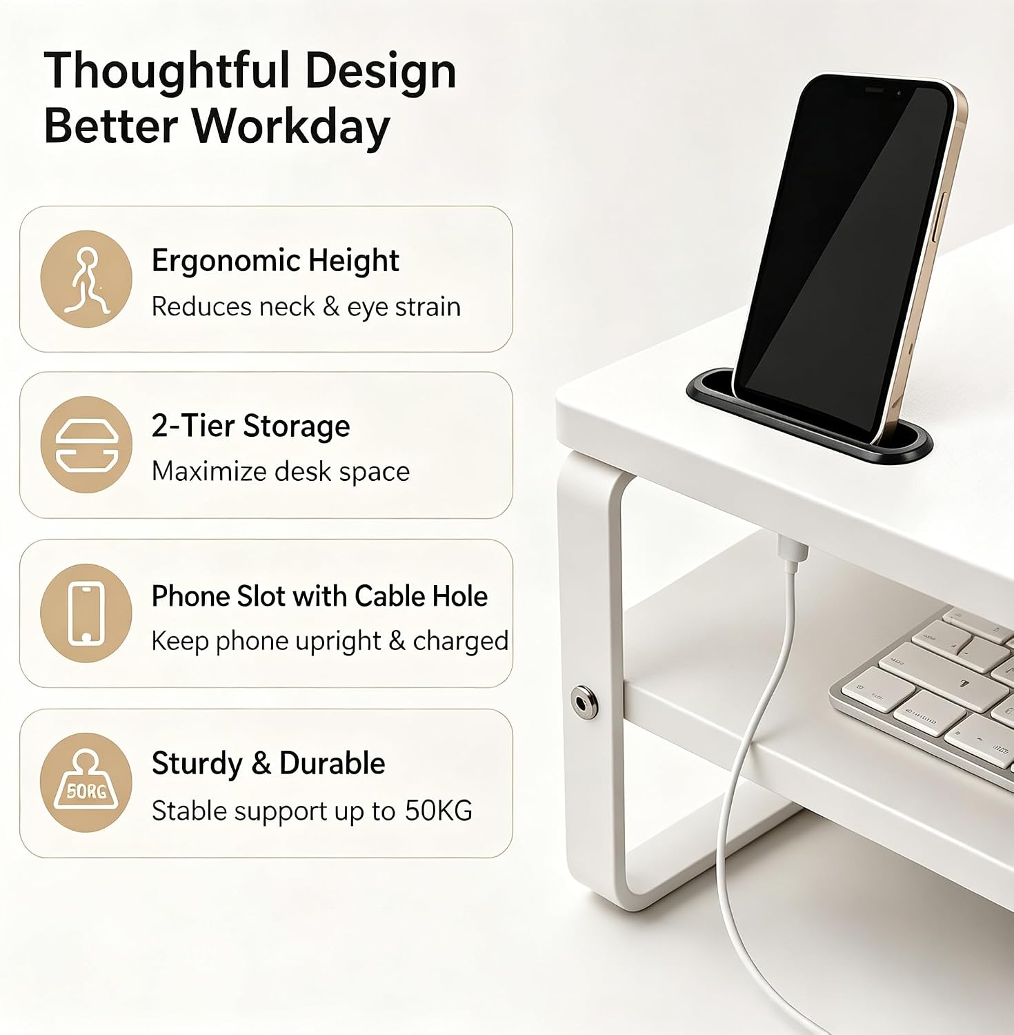 Detalle de DOMSHOCT Monitor Stand Riser with Phone Holder — 2 Tier Ergonomic Desk Accessory