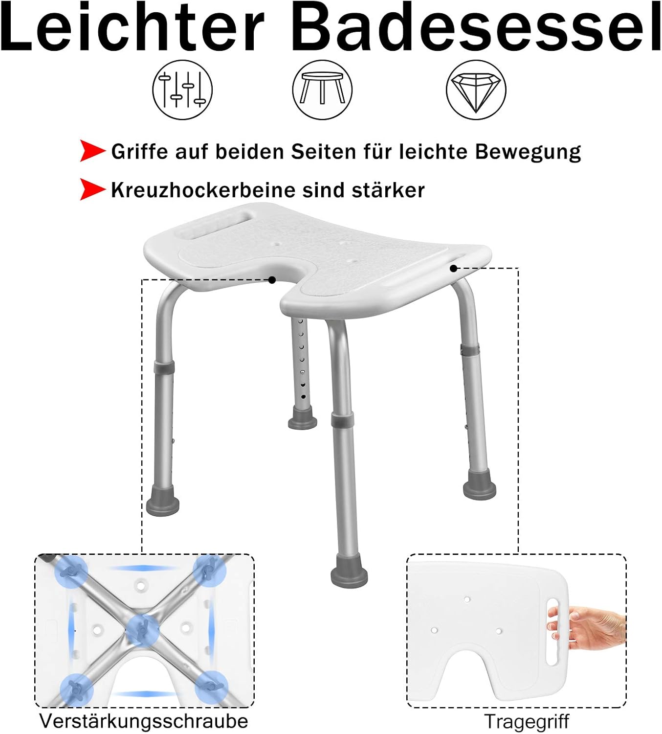 Thumbnail 5 de Suusolny Tabouret de Salle de Bain en Forme de U – Chaise de douche en plastique HDPE, hauteur réglable 35–51 cm, repose-pieds antidérapants