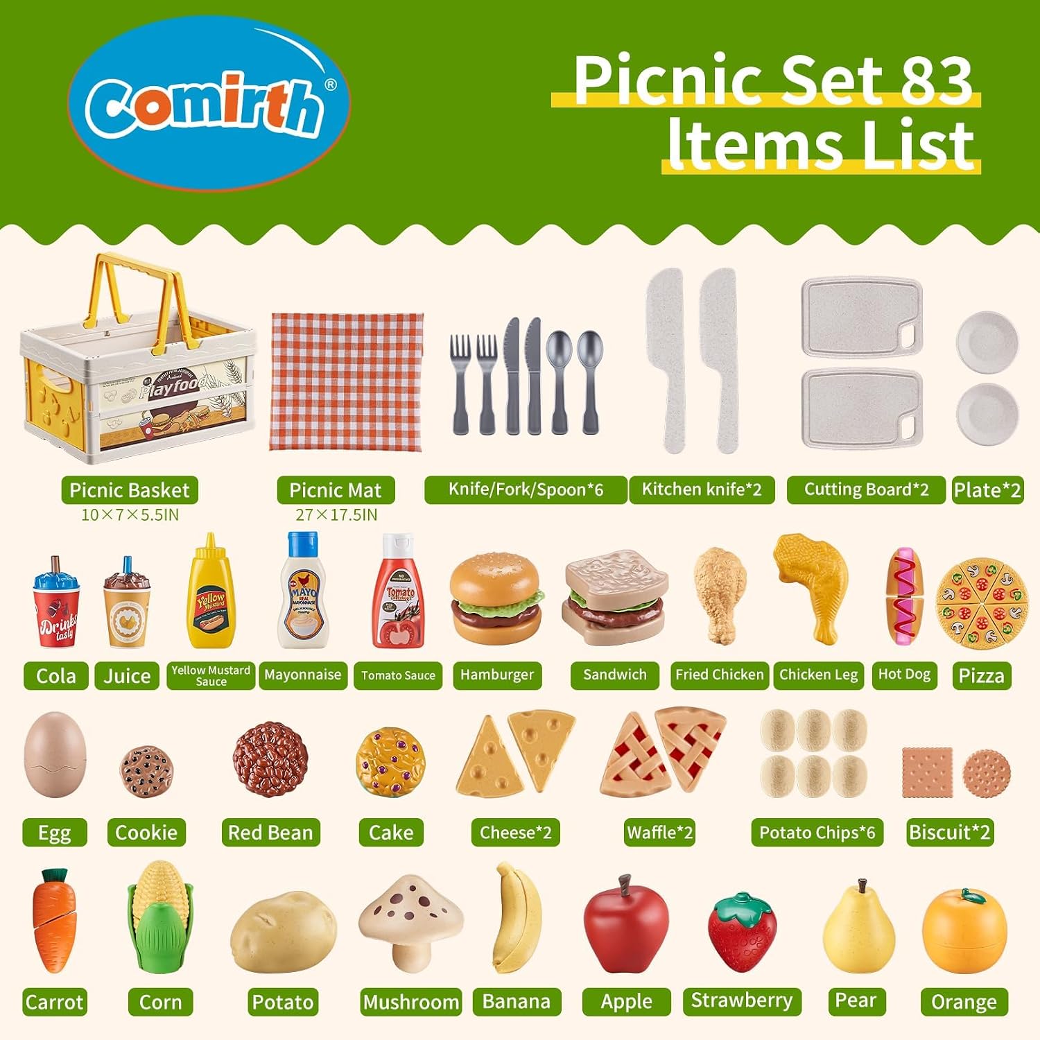 Thumbnail 6 de Play Food Sets for Kids Kitchen: 83-Piece Wheat Straw Pretend Play Food with Picnic Basket and Blanket
