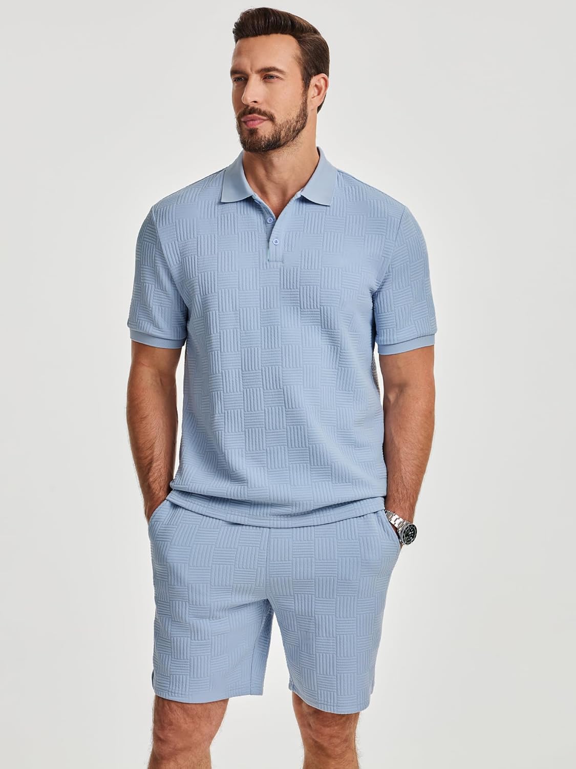 Detalle de JMIERR Jogginganzug Herren Set – 2-teiliges Sommer-Trainingsoutfit aus Elasthan-Polyester, Polo-Shirt & kurze Hose