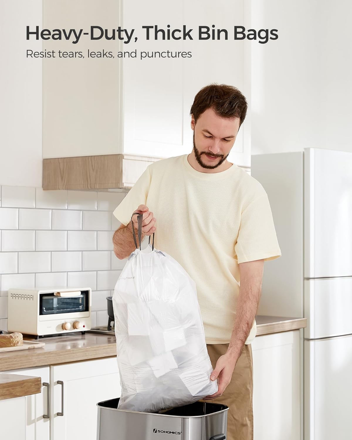 Detalle de SONGMICS Heavy-Duty Bin Bags with Drawstring for 15–20L Kitchen Bins (KRB020A03), Pre-Separated Rolls