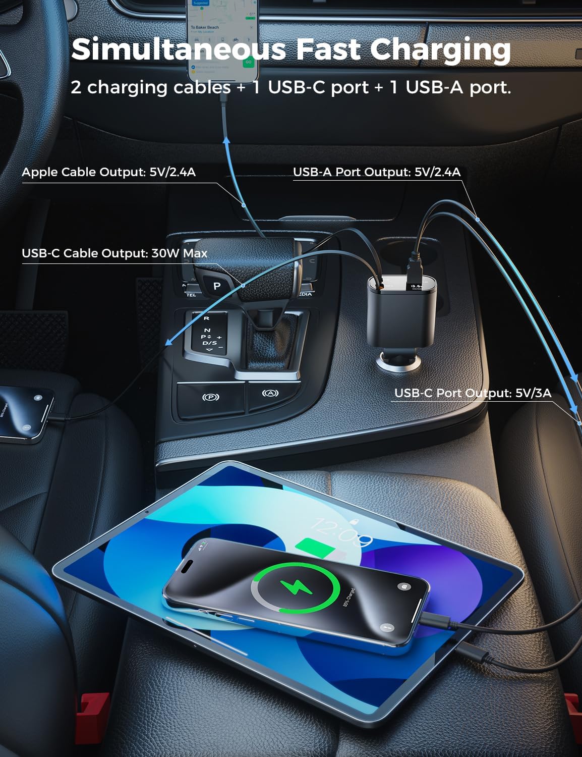 Detalle de SUPERONE PT-16 Retractable Car Charger, 4-in-1, 60W, Dual Cords