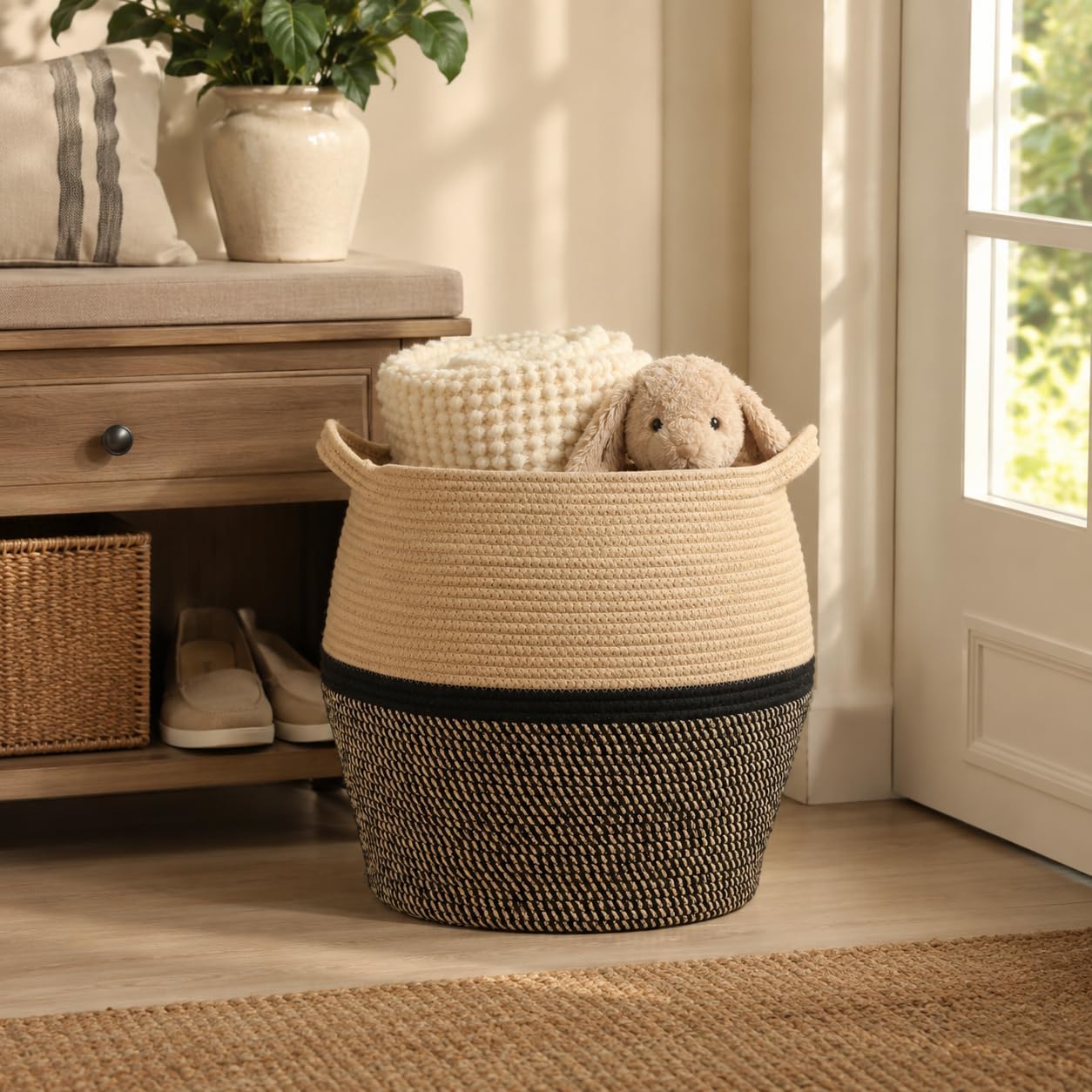 Thumbnail 3 de KAKAMAY 17-Inch Cotton Rope Storage Basket, Black, Collapsible with Handles