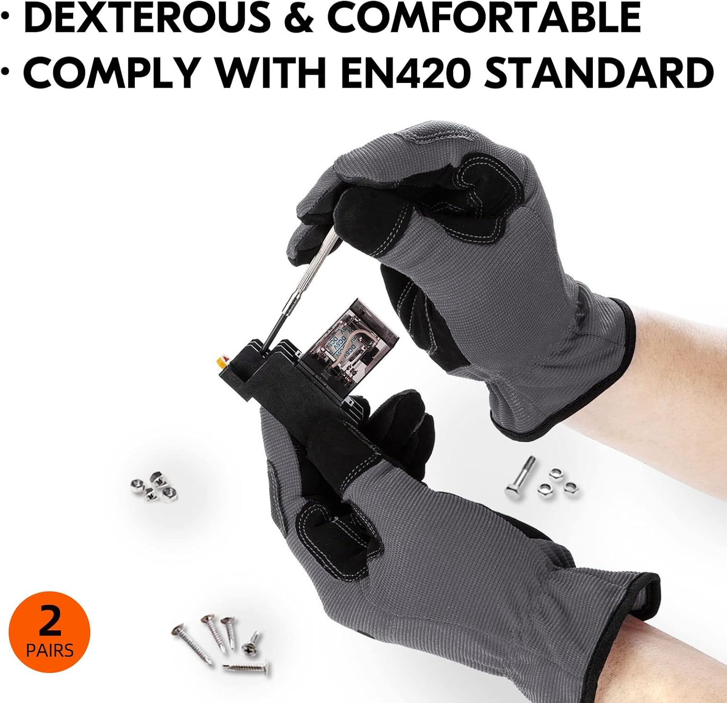 Detalle de Vgo… 2 Pairs Safety Work Gloves (NB7581) – Faux leather palm, touchscreen fingertips, EN388 work gloves in grey, size M