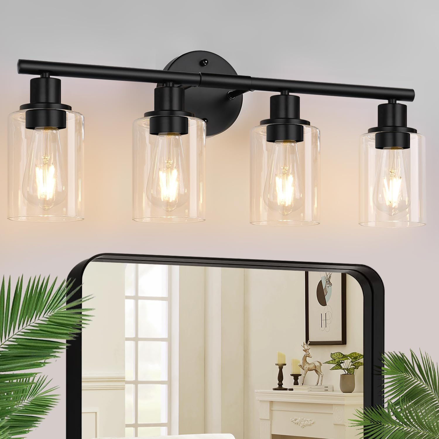 Detalle de Zarbitta Matte Black Vanity Light with Clear Glass Shades, Reversible Mounting