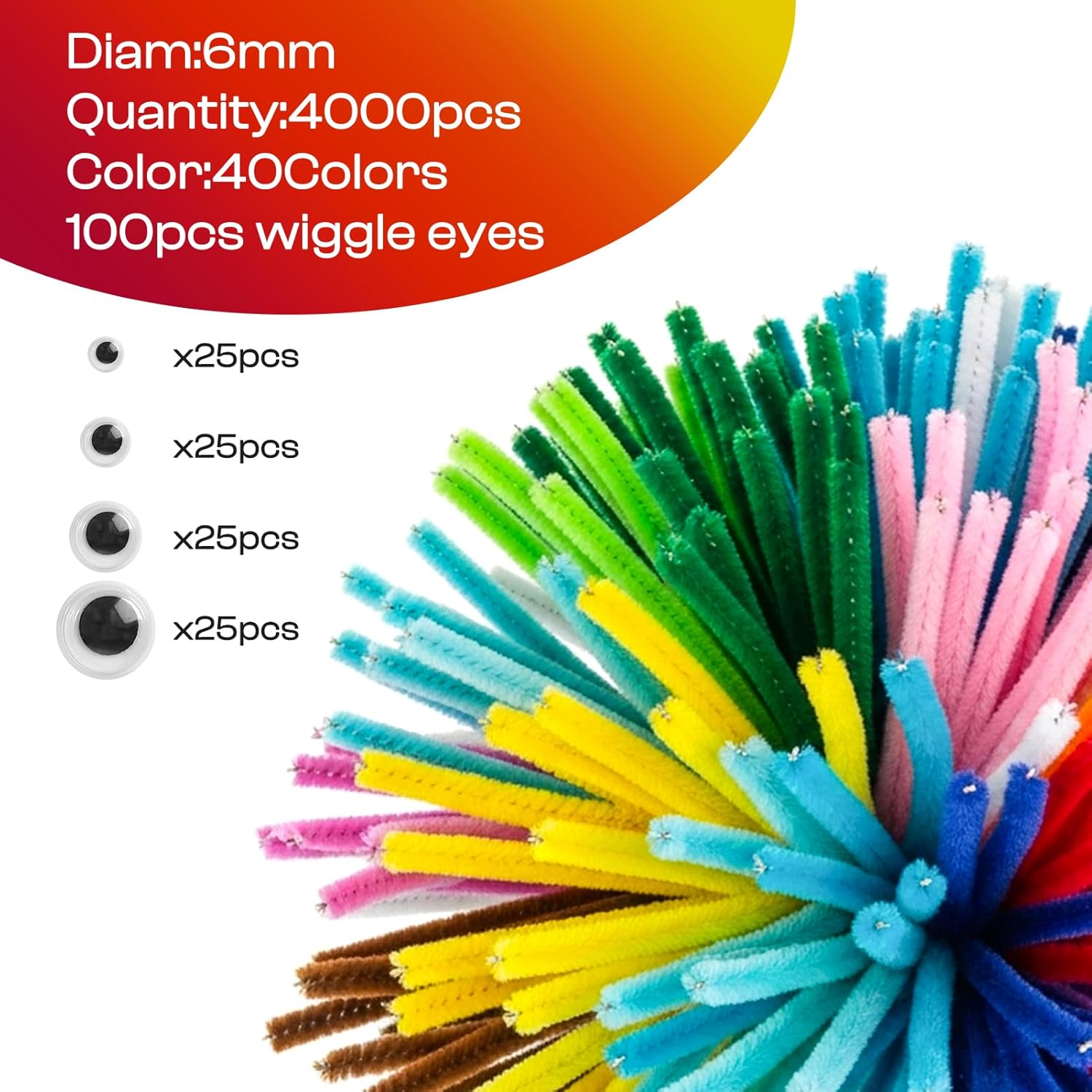 Thumbnail 4 de Caydo 4,000-Piece Pipe Cleaners Set (40 Assorted Colors) with Wiggly Eyes for Arts & Crafts