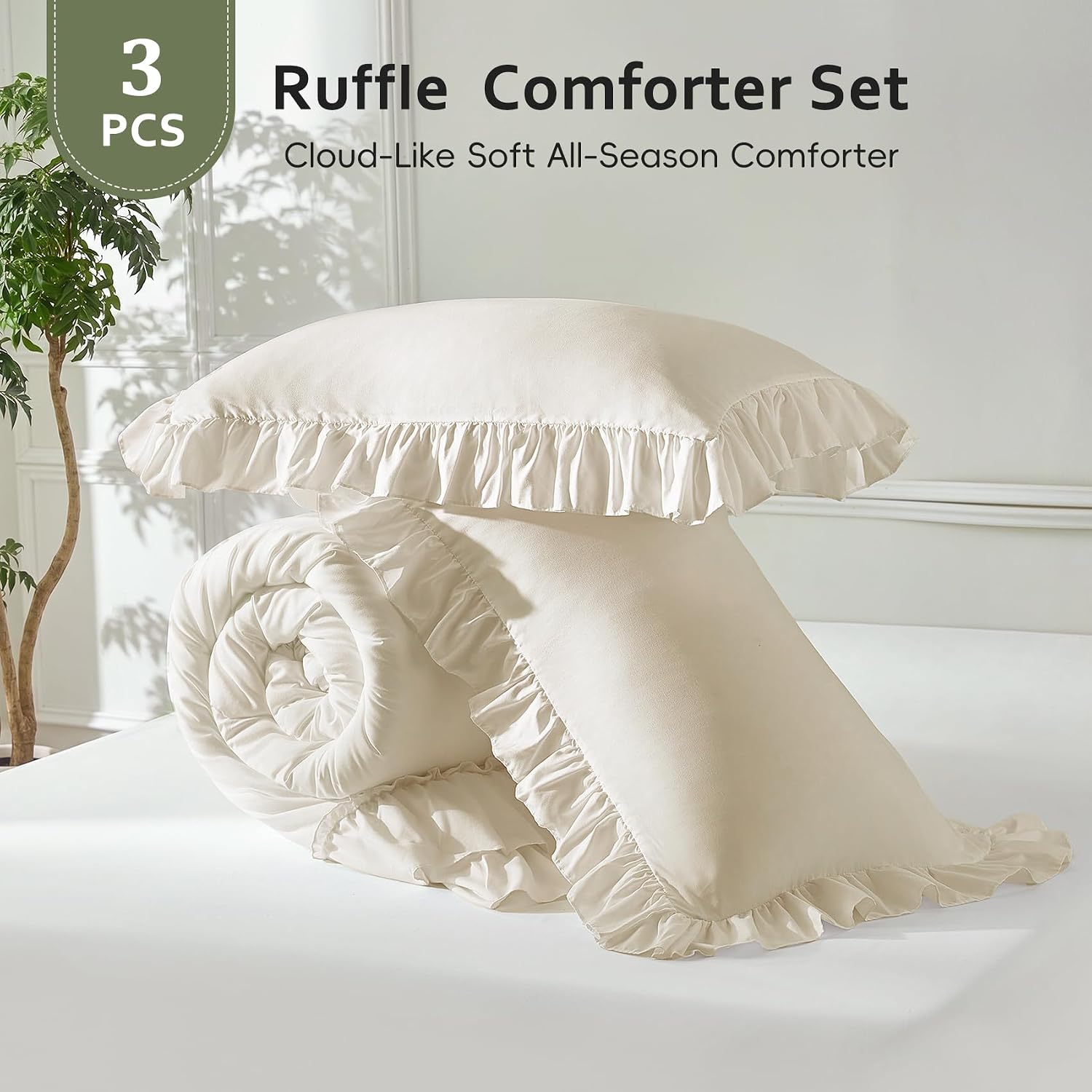 Thumbnail 6 de HW&HL Beige Queen Ruffle Comforter Set, 3-Piece Polyester Microfiber Bedding