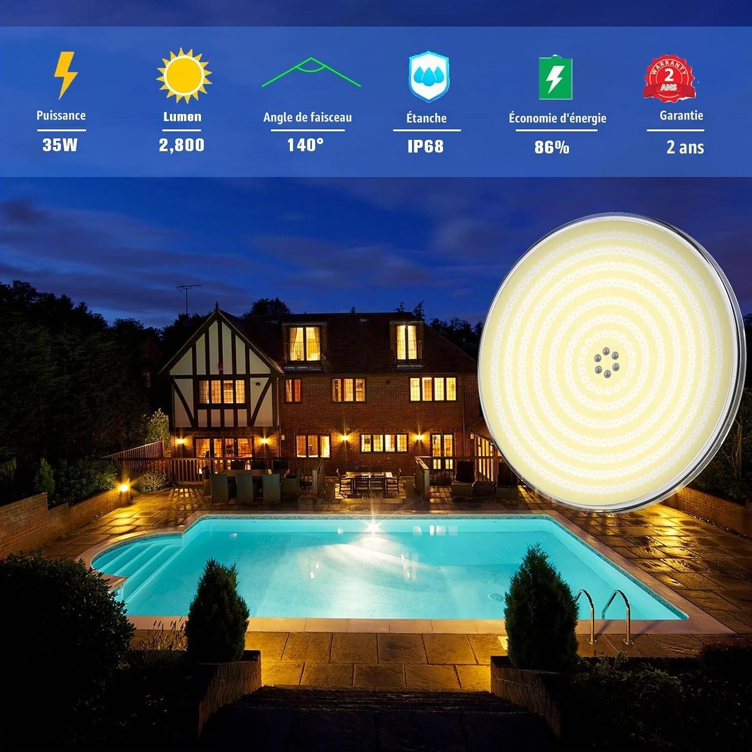 Detalle de LyLmLe R-PL01-S35W-WW PAR56-zwembadspot, 35 W, 2.800 lm, 3000 K