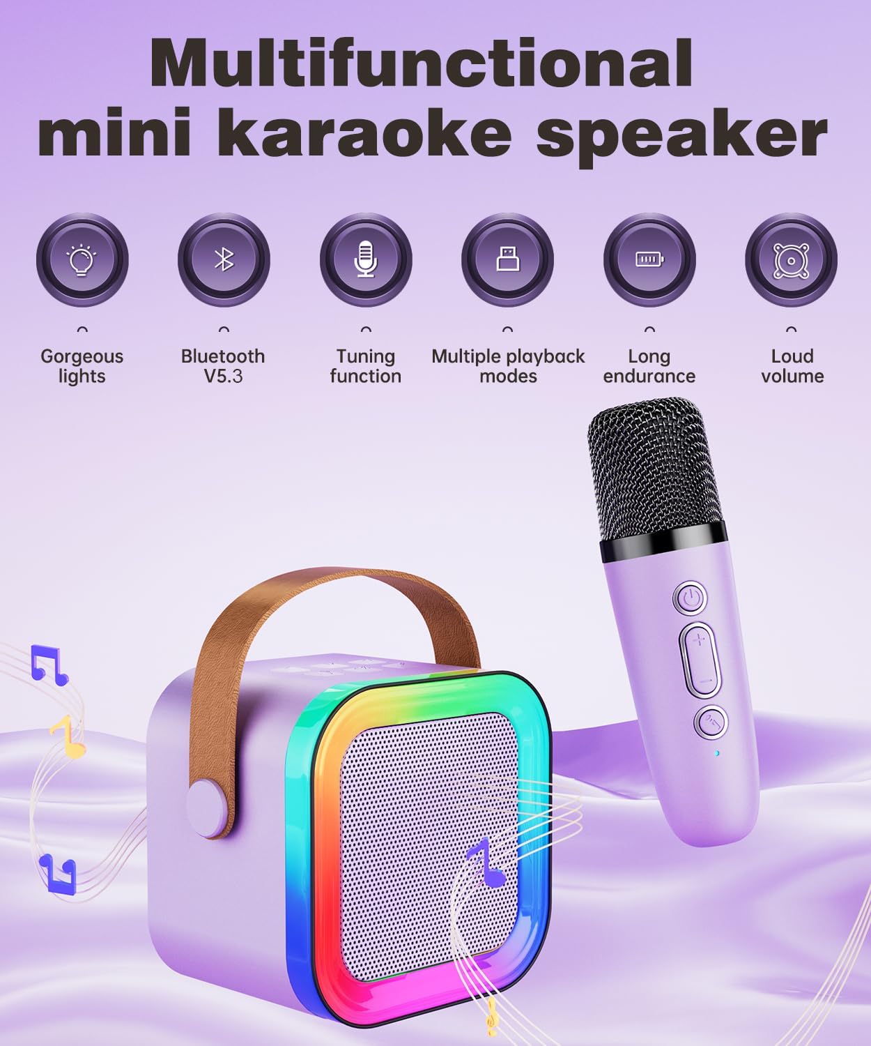 Detalle 2 de Mini Karaoke Machine Speaker for Kids & Adults (Purple, 2 Mics) — Portable Bluetooth Karaoke System