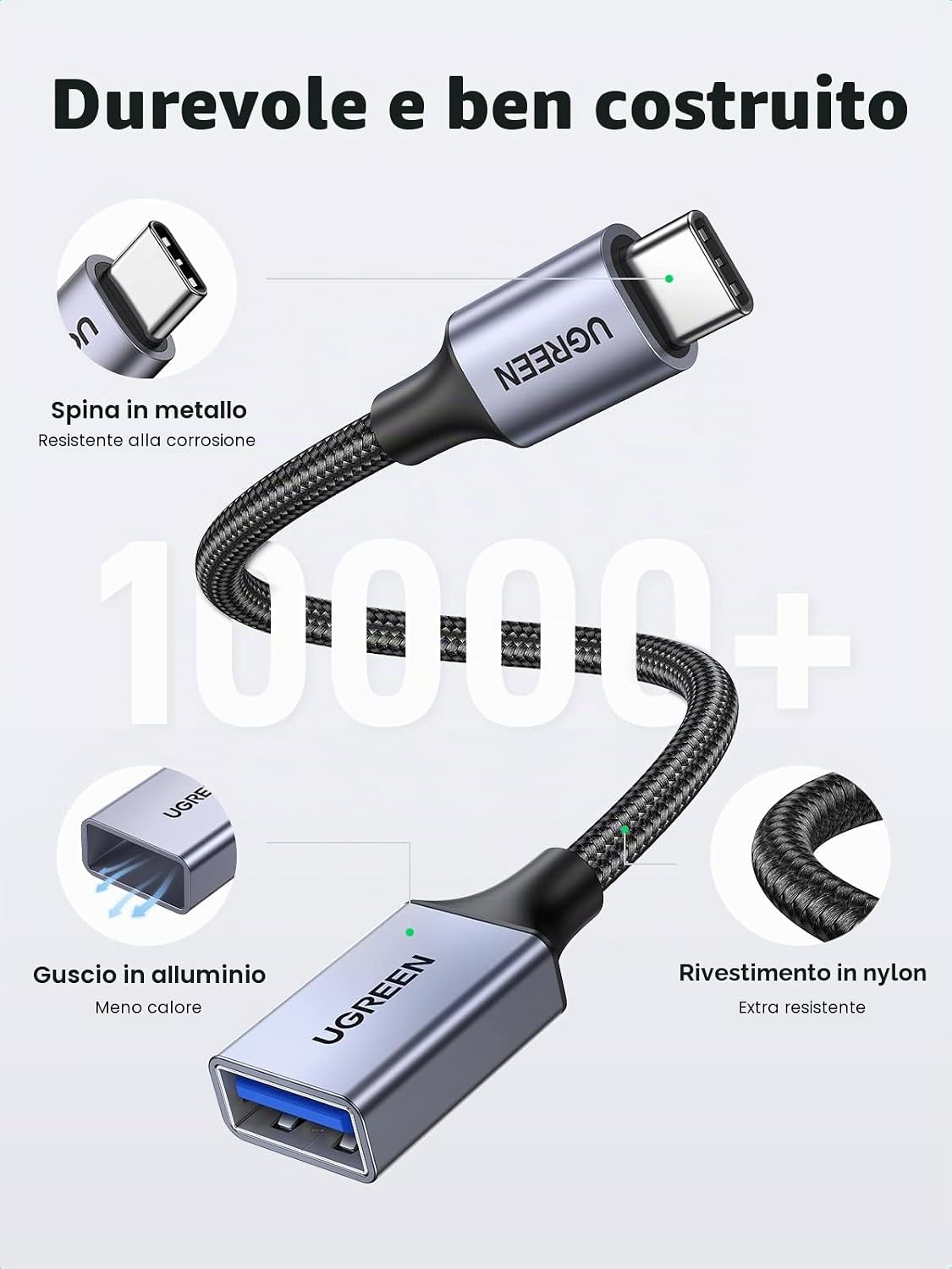 Detalle de UGREEN Cavo OTG Type-C maschio a USB 3.0 femmina 5 Gbps in nylon intrecciato (compatibile con iPhone, iPad, MacBook e Galaxy)