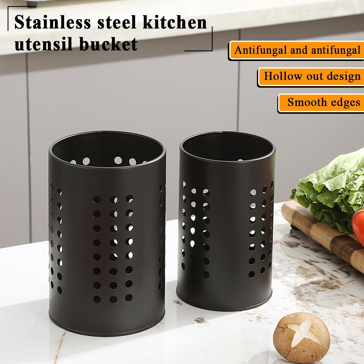Detalle de Pack de 2 porte-ustensiles de cuisine Evanda pour comptoir, noir en acier inoxydable