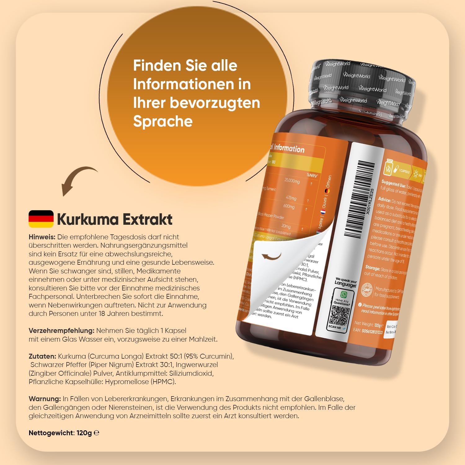 Thumbnail 3 de Curcumin Kapseln 500 mg (50:1) – Kurkuma-Extrakt mit Ingwer & Schwarzem Pfeffer von WeightWorld, 180 Kapseln