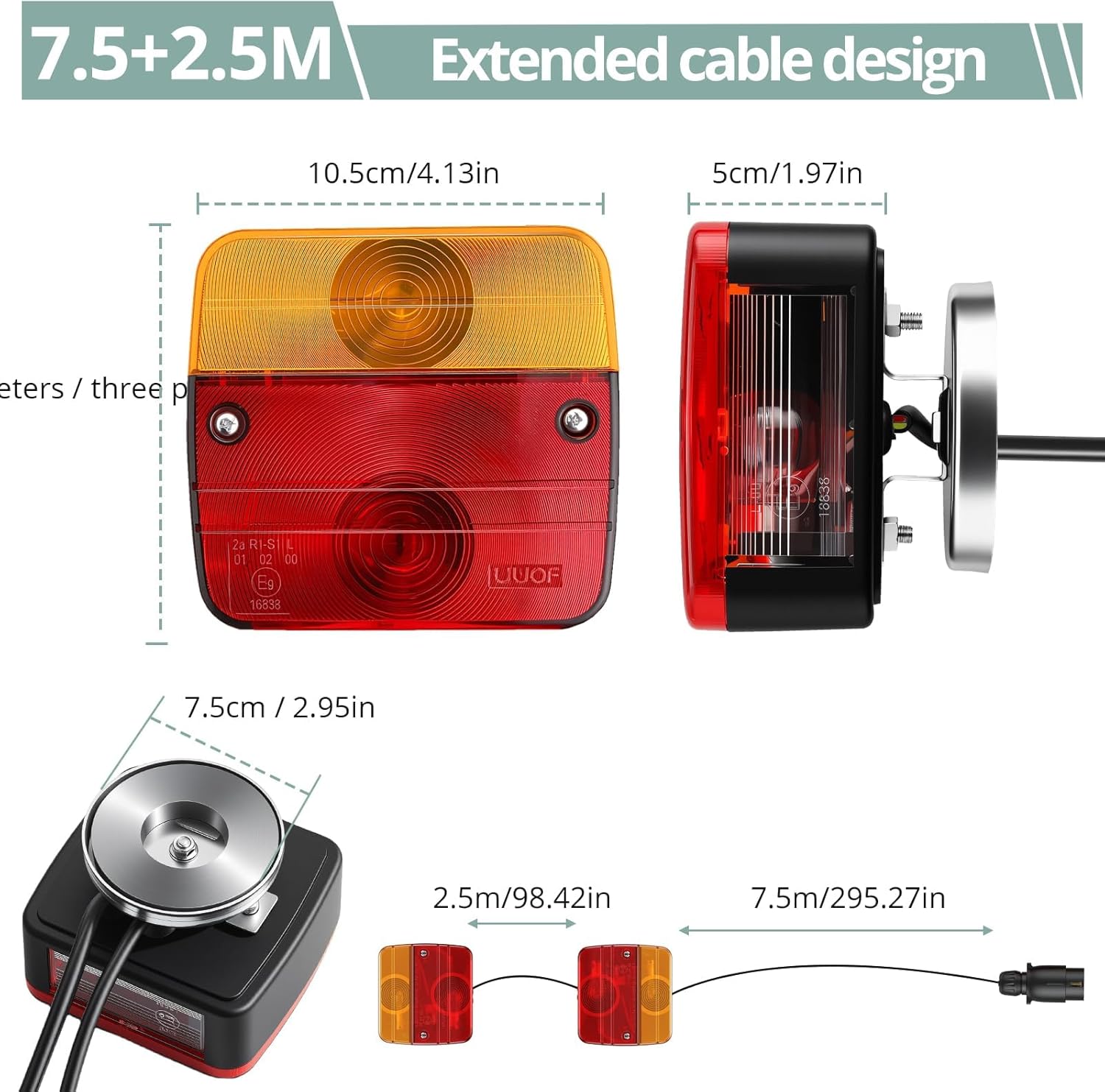 Thumbnail 1 de COLFULINE 2Pcs 12V Magnetic Trailer Tail Lights with 10m Cable and 7-Pin Plug