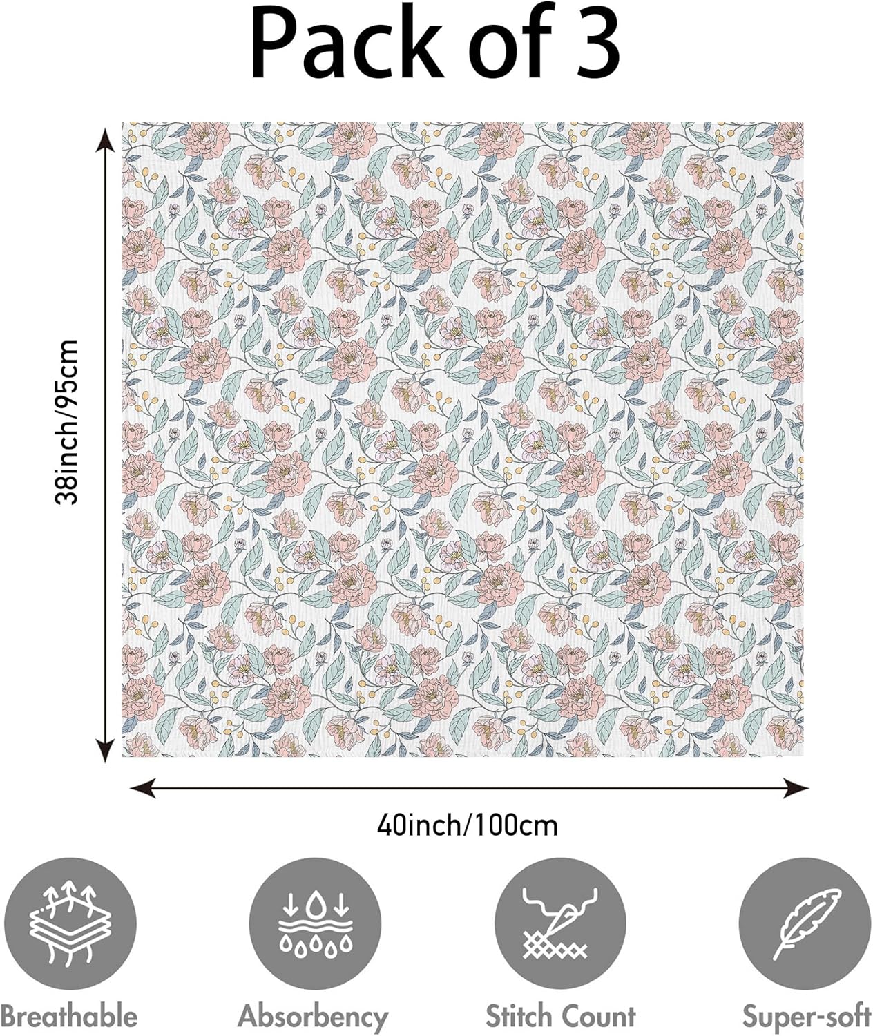 Thumbnail 1 de Soarwg Baby Muslin Swaddle Blankets Floral Fantasy Print (Set of 3, 95x100cm) – Soft, Breathable Cotton Wraps & Burp Cloths