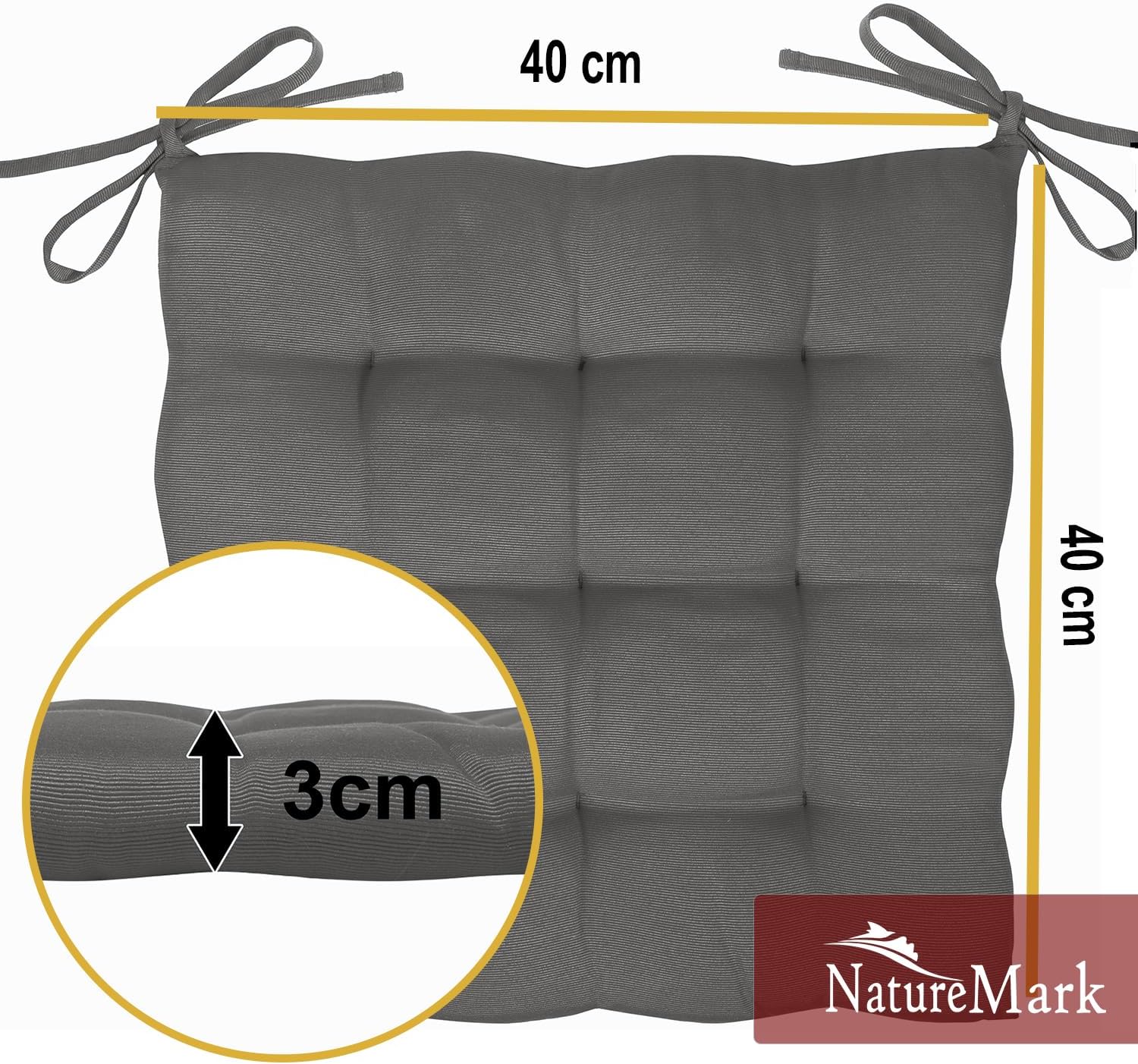Detalle de NatureMark lot de 4 galettes de chaise grises argentées 40 x 40 cm avec rubans (épaisseur 3 cm)
