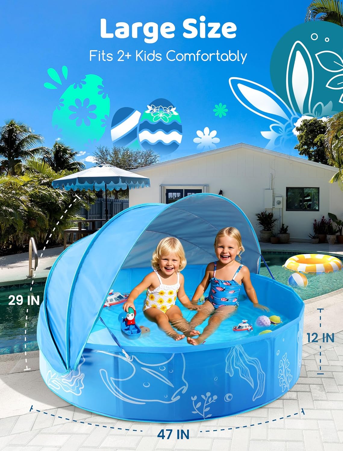 Thumbnail 2 de Hikiddy Foldable Kiddie Pool with Canopy (47in) — Sun Safe, Portable Backyard Water Fun