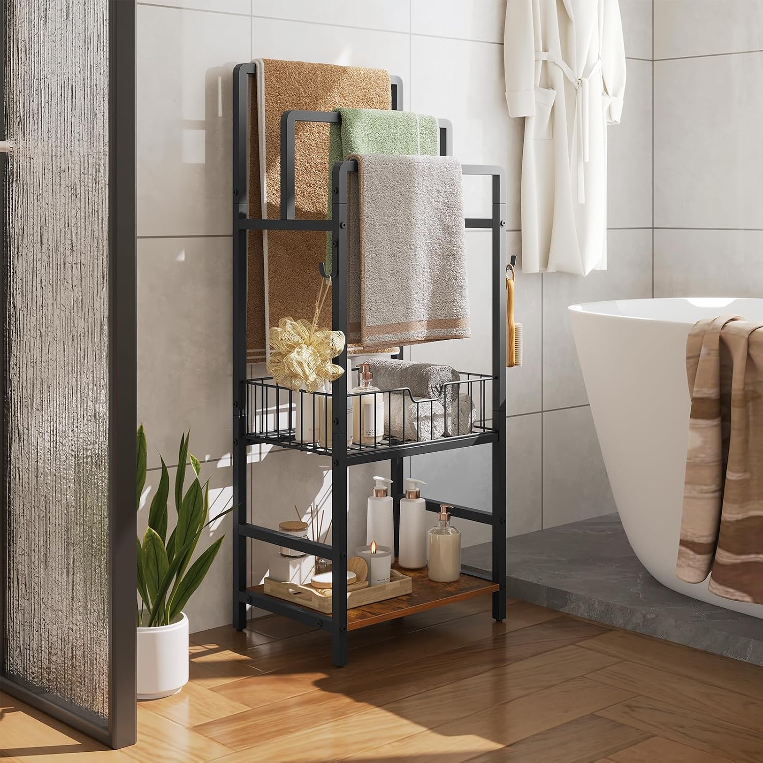 Detalle 2 de HOOBRO BF13LB01 Towel Rack – wolnostojący wieszak z koszem, półką i 3 prętami
