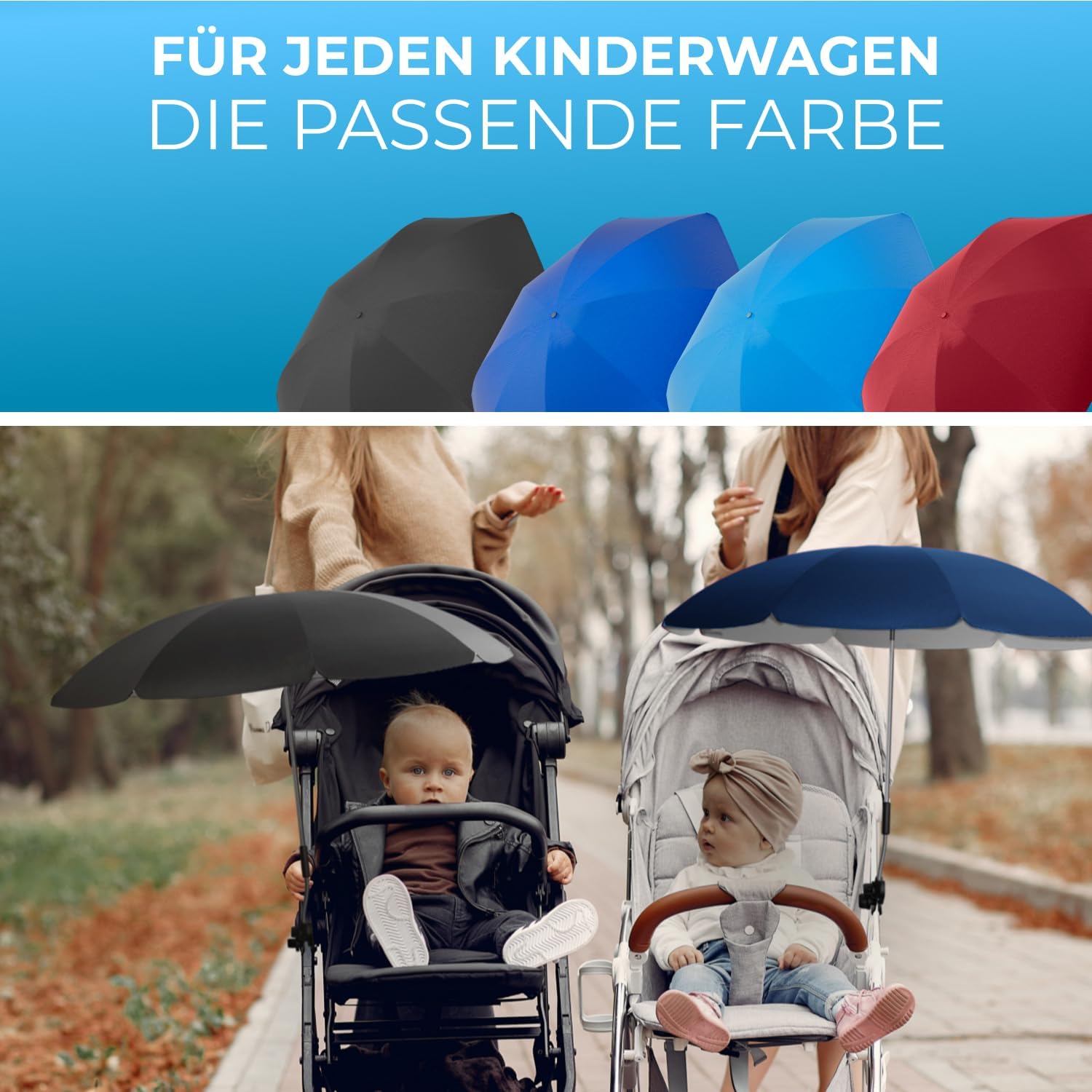 Detalle de STYNGARD Sonnenschirm für Kinderwagen UV Schutz 50+ – 70 cm Durchmesser mit Überhang, Modell ROME (Rot)