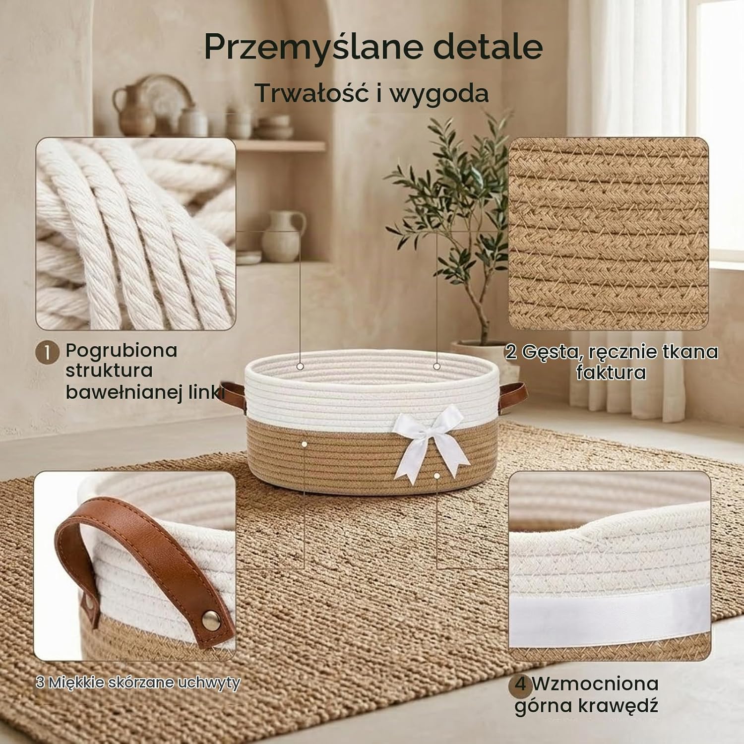 Detalle de Brizuf kosz prezentowy z bawełnianego sznurka, khaki, 35,5 × 25,5 × 14 cm