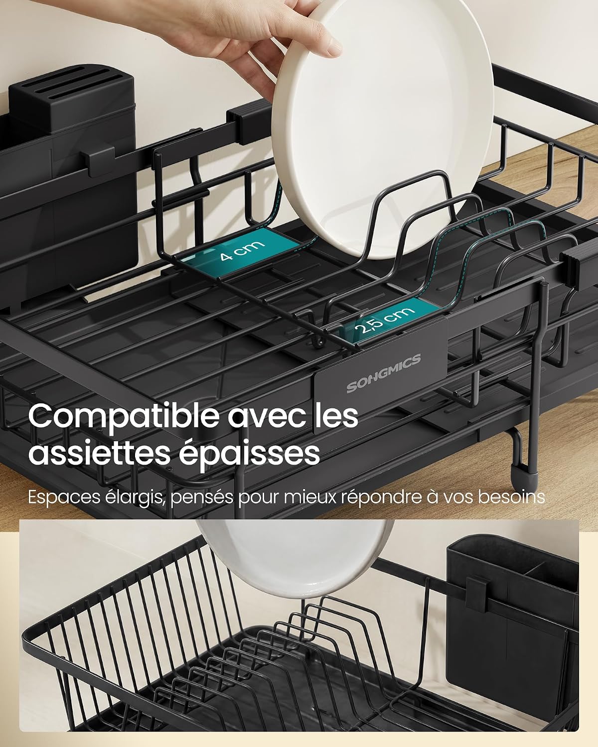 Detalle de SONGMICS Égouttoir à Vaisselle Extensible pour Petit Espace – Grande Capacité, Bec Rotatif 360°